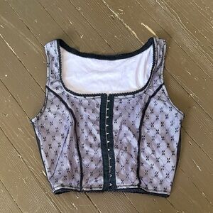 Whimsigoth Lace Overlay Hook-Front Crop Top in Light Lavender and Black